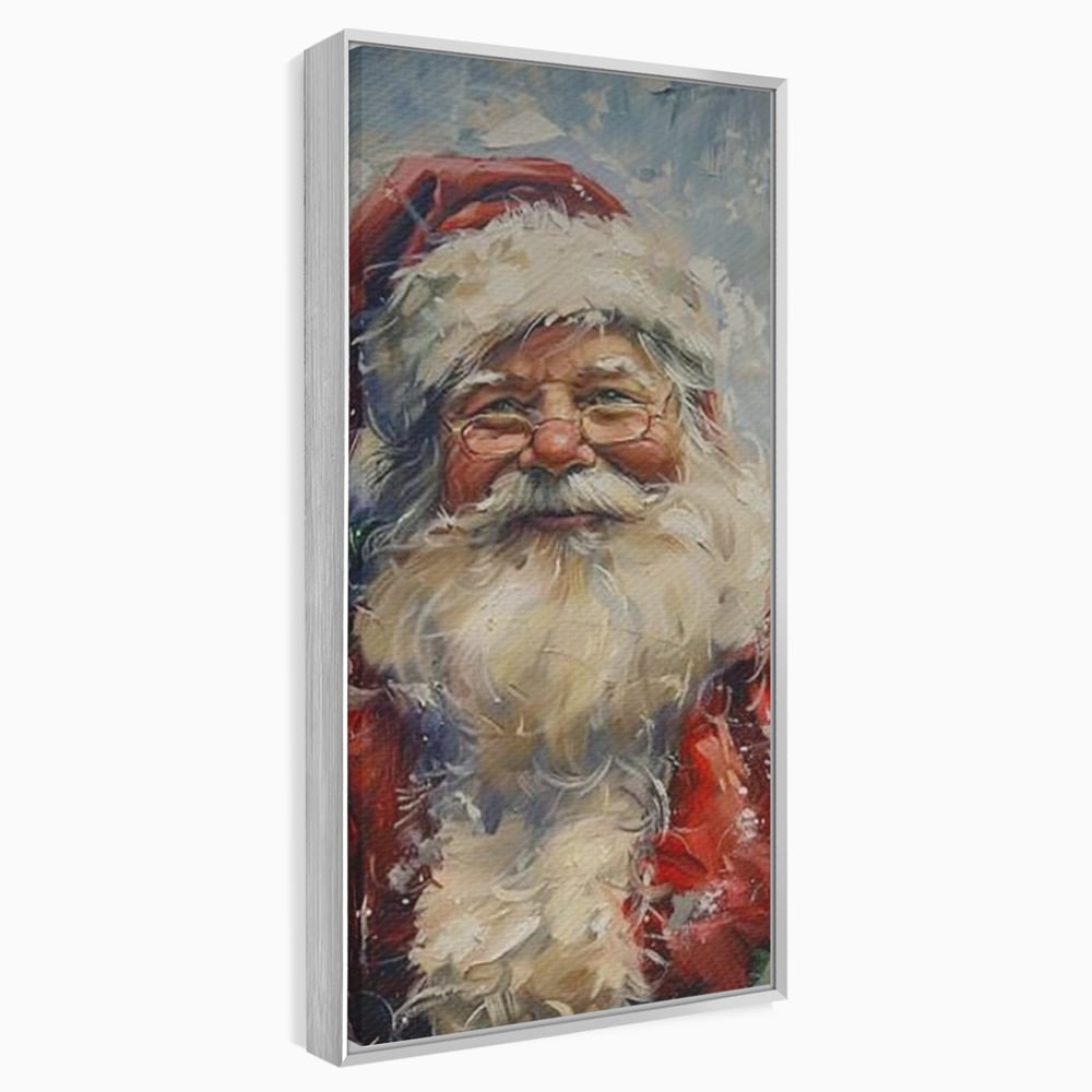 Tablou canvas cu pictura portret mos craciun cu ochelari, in rama de aluminiu argintiu